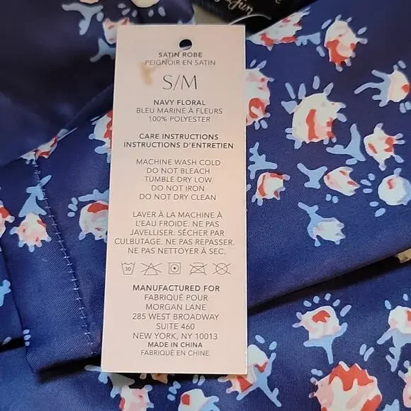 Morgan Lane Navy Pink Floral Satin Tie Close Silky Lounge Allie Robe Size Small